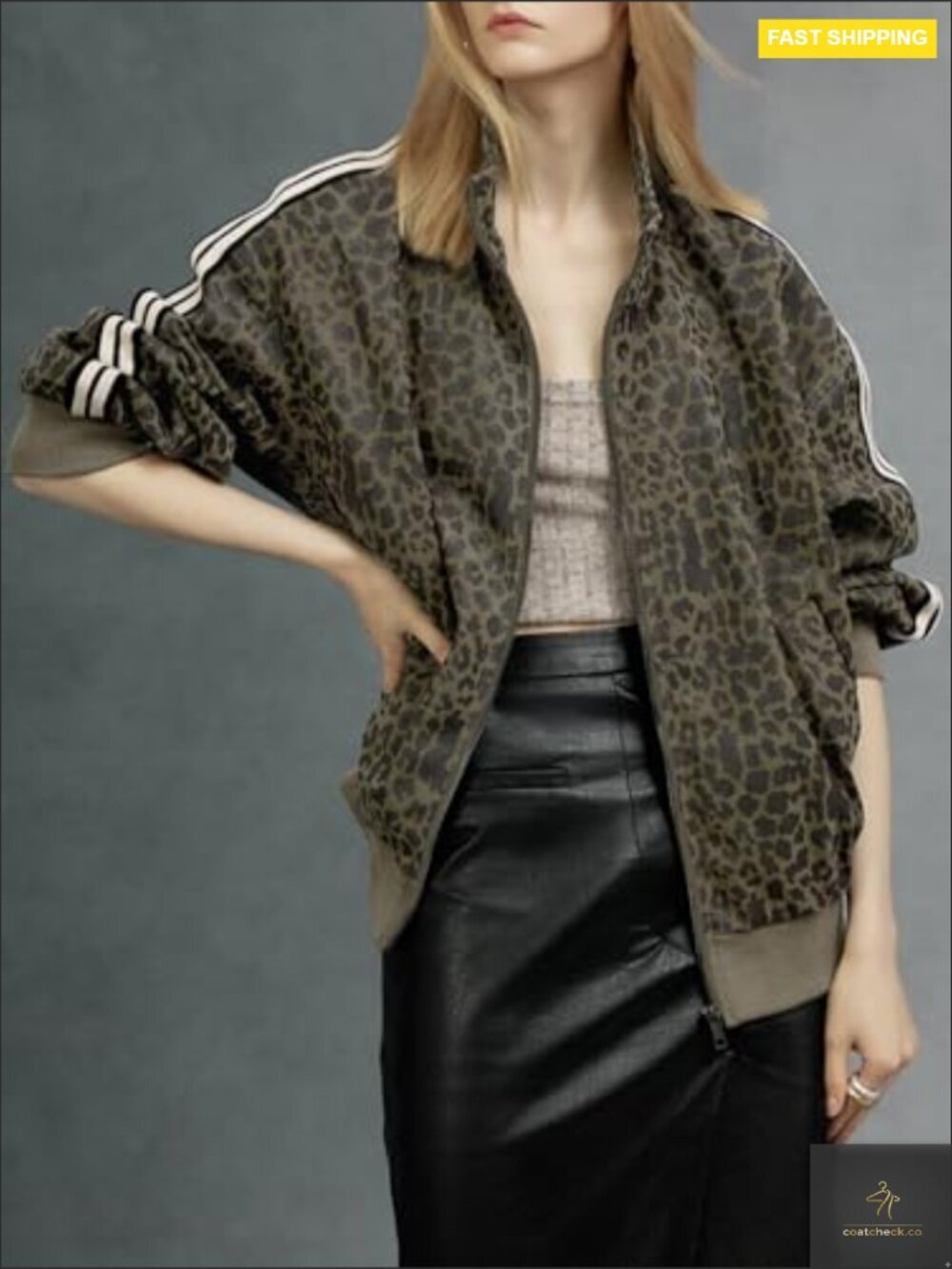 Leopard Print Faux Leather Jacket Zip Up Lightweight Casual Coat Spring - Picture 3 of 6